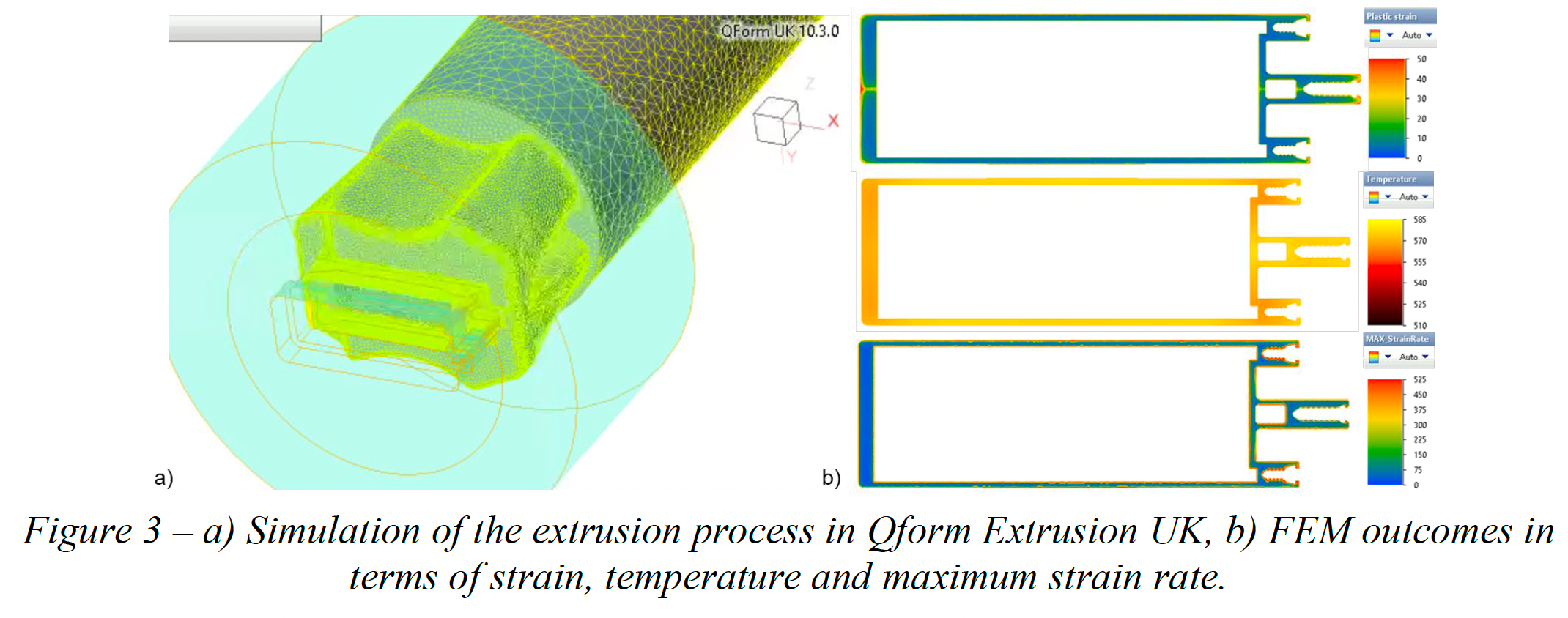 QForm Extrusion UK 압출 해석과 변형률 온도 최대 변형률 속도 결과